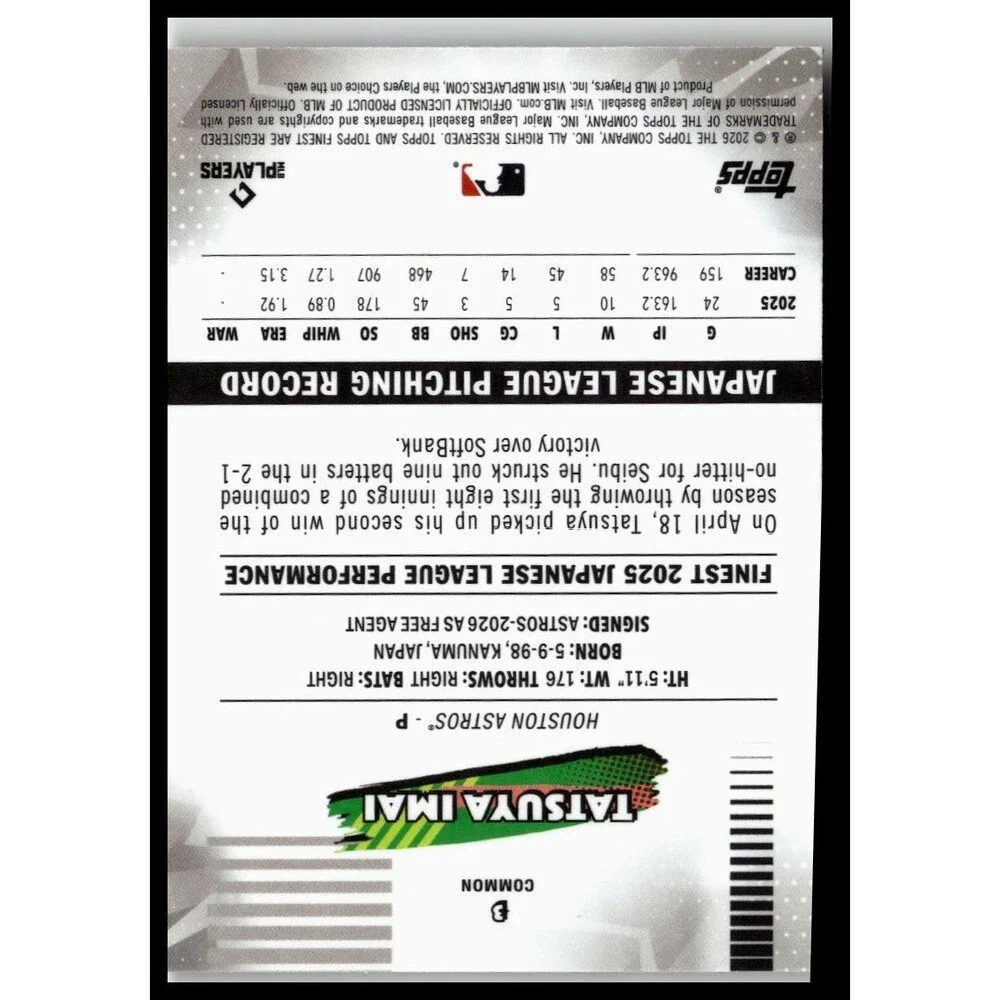 2026 Finest Tatsuya Imai Common Base Rookie RC Astros